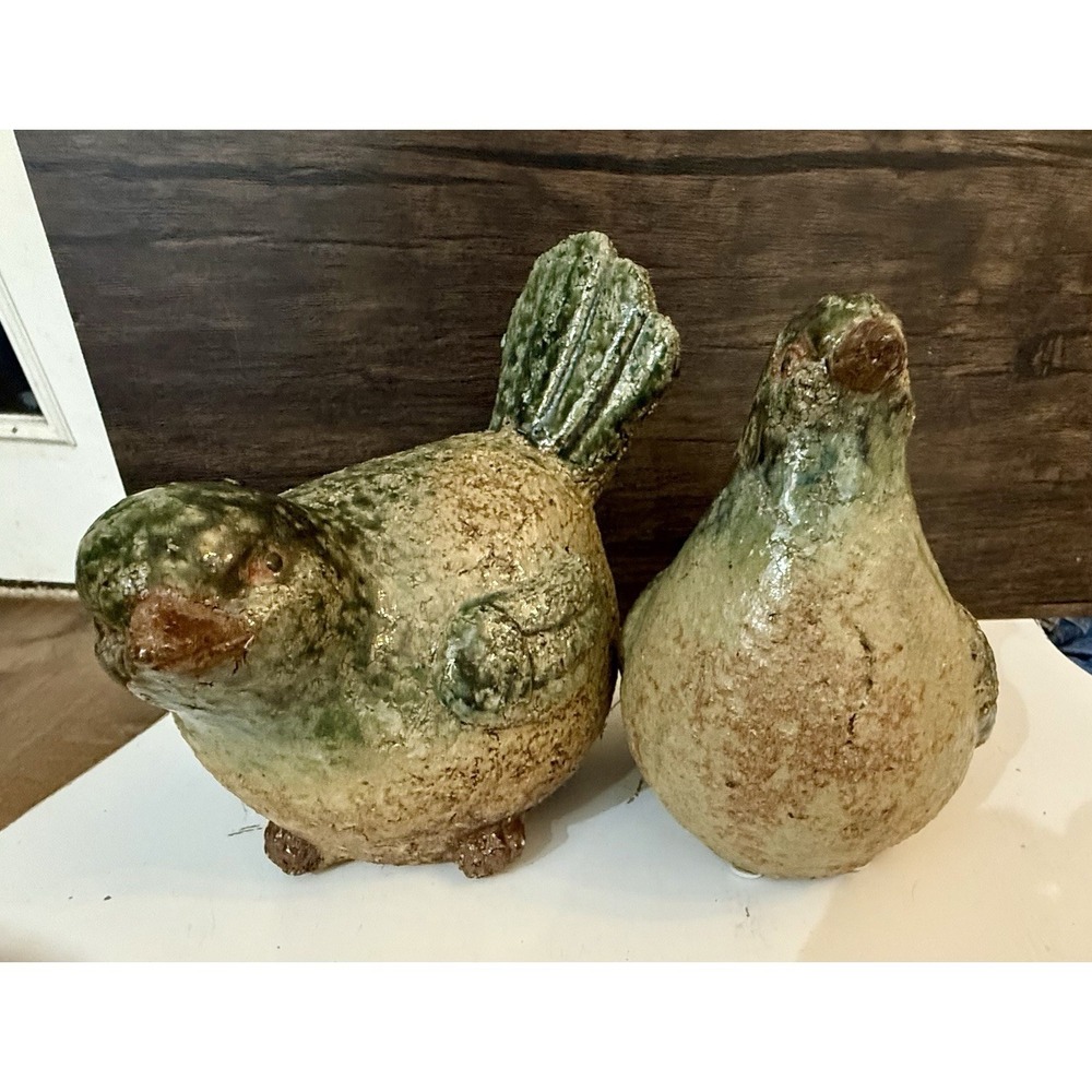Vintage Studio Pottery Bird Figurines Pair Raku Style Rustic Ceramic Decor